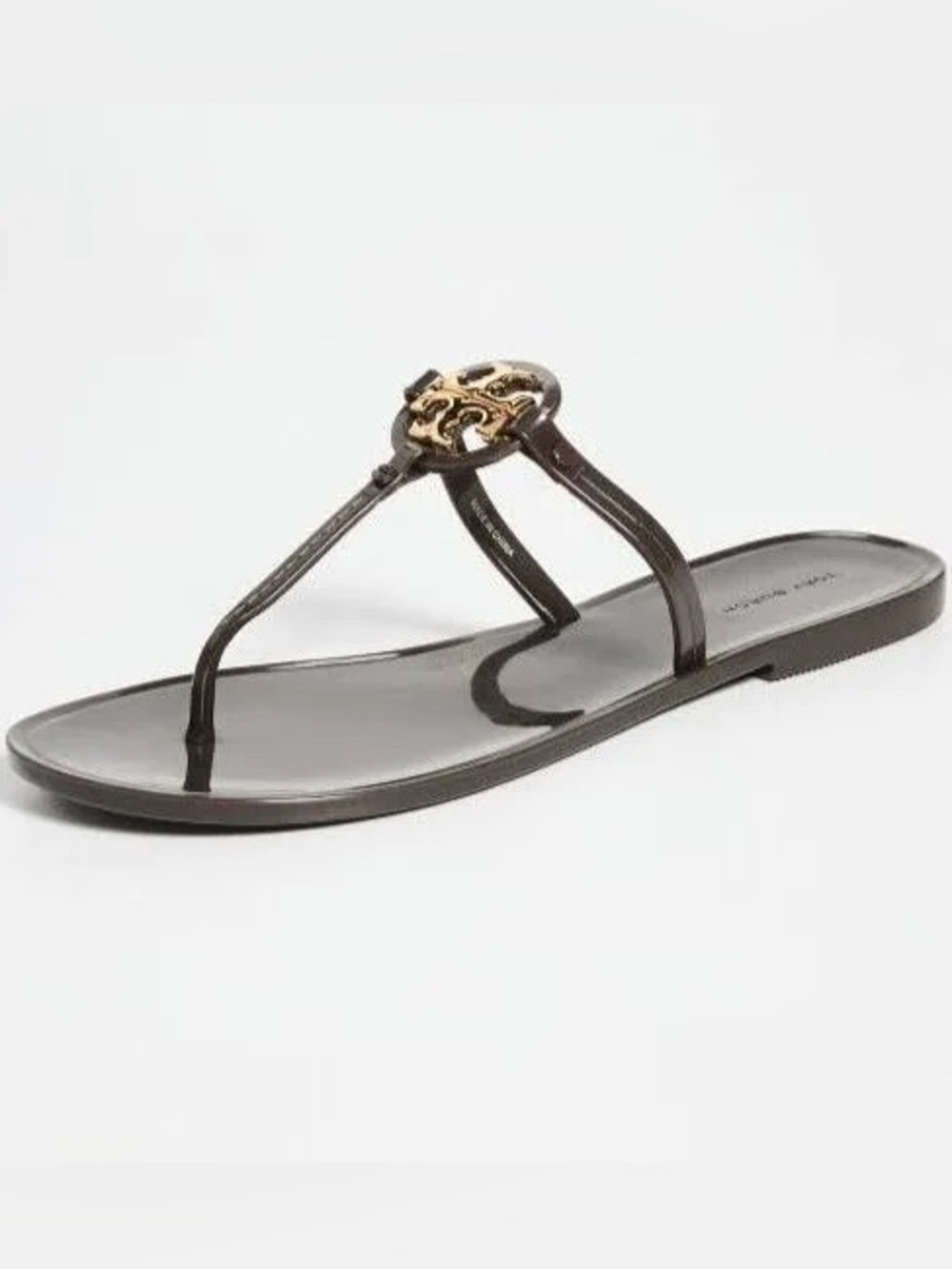 Tory Burch Brown Mini Miller Jelly Logo Thong Sandal in Coco with Gold Emblem
